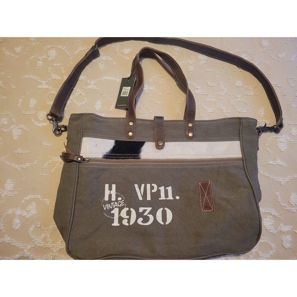 Myra 1930 Classic Messenger Bag Leather Cowhide Canvas Boho Western Bag NWT